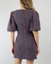 C/MEO COLLECTIVE | BLAIZ | Ink Check Precise Mini Puff Sleeve Square Neckline Dress