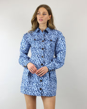 C/MEO COLLECTIVE | BLAIZ | Indigo Leopard Good Love Mini Shirt Button Up Abstract Print Dress