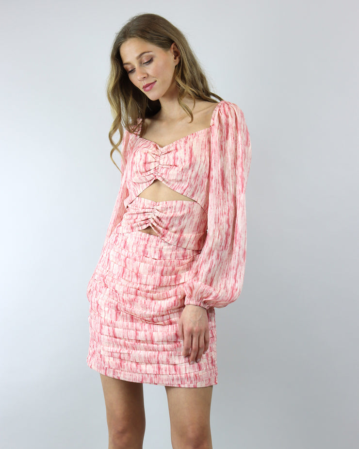 C/MEO COLLECTIVE | BLAIZ | Pink Burnout Puff Sleeve Ruched Bow Mini Whirl Abstract Print Dress