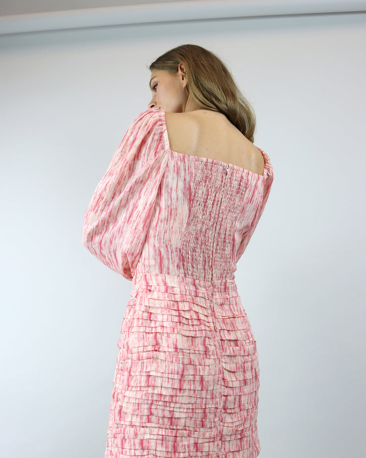 C/MEO COLLECTIVE | BLAIZ | Pink Burnout Puff Sleeve Ruched Bow Mini Whirl Abstract Print Dress