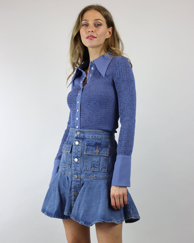 C/MEO COLLECTIVE | BLAIZ | Washed Blue Oversized Collar Pearl Buttons Ruched Good Love Top