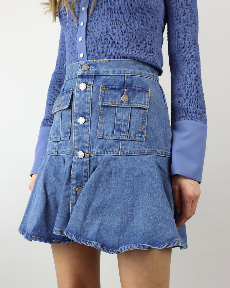 C/MEO COLLECTIVE | BLAIZ | Washed Blue Oversized Collar Pearl Buttons Ruched Good Love Top