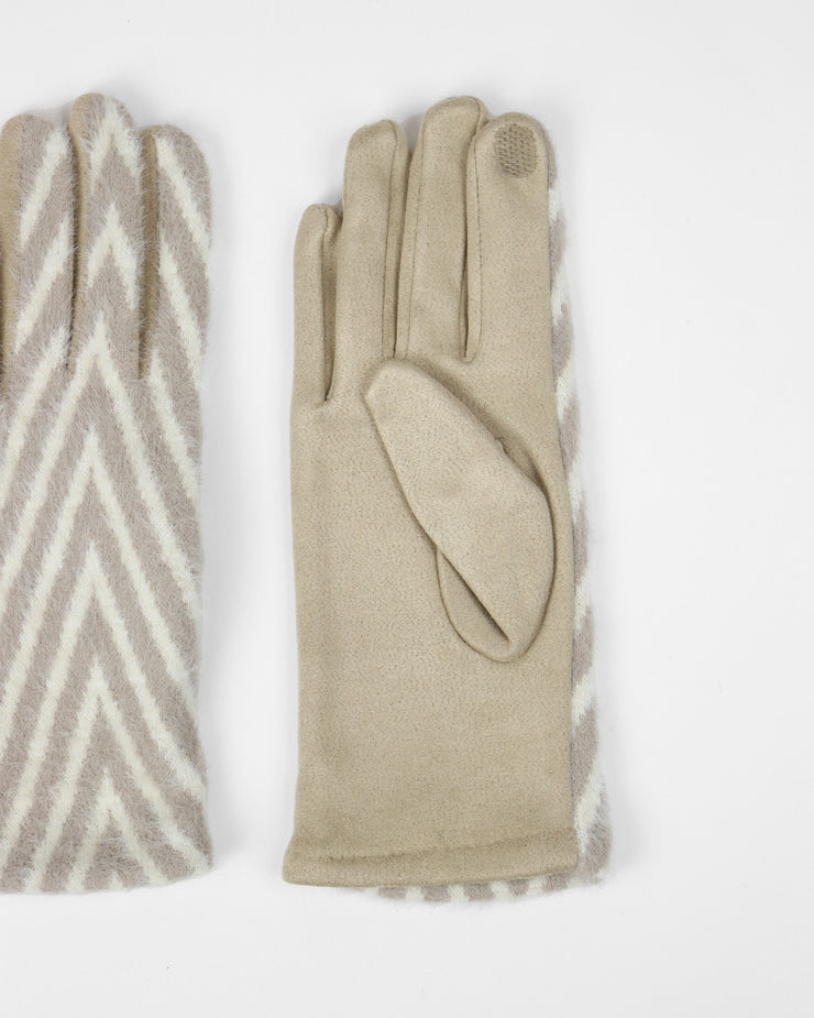Blaiz Beige and White Chevron Print Faux Suede Gloves