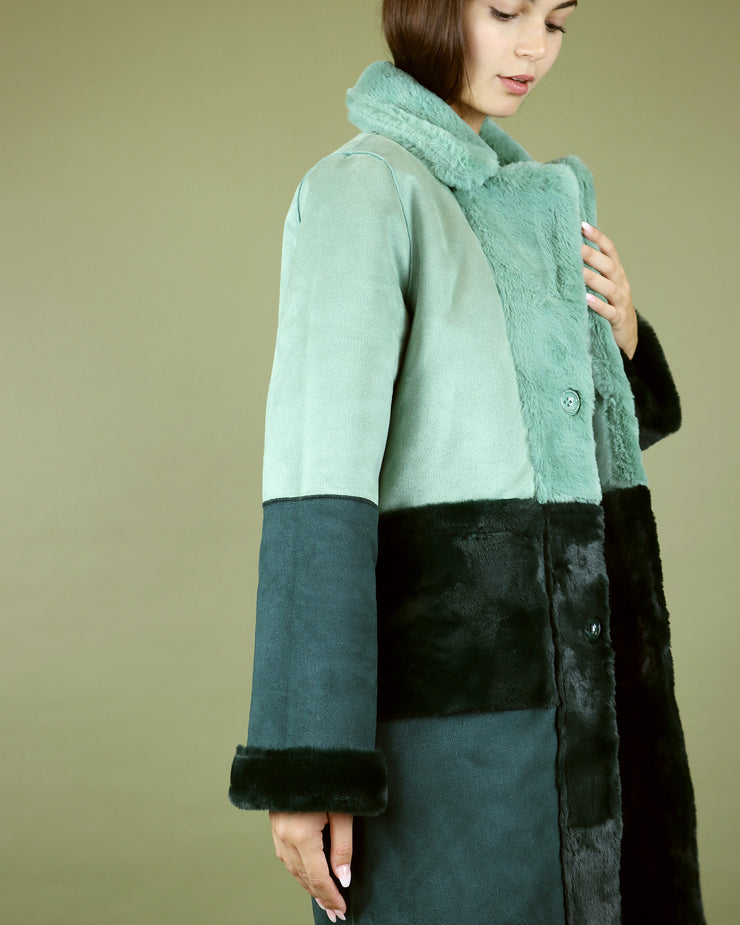 Blaiz Green Colourblock Faux Suede Fur Coat