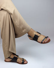 AREZZO | BLAIZ | Black Leather Buckle Sandals Gold Croc Flats Summer Brown
