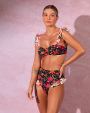 BLAIZ Silvia Schaefer Black Botanic Print Ruffle Hem Bikini Set