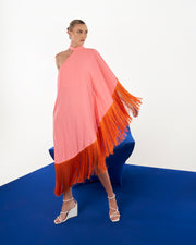Blaiz Tufi Coral Pink Asymmetrical Fringe Midi Dress