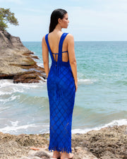 Blaiz Palma Canaria Provence Blue V-Neck with Ring Centre Detail Woven Maxi Dress