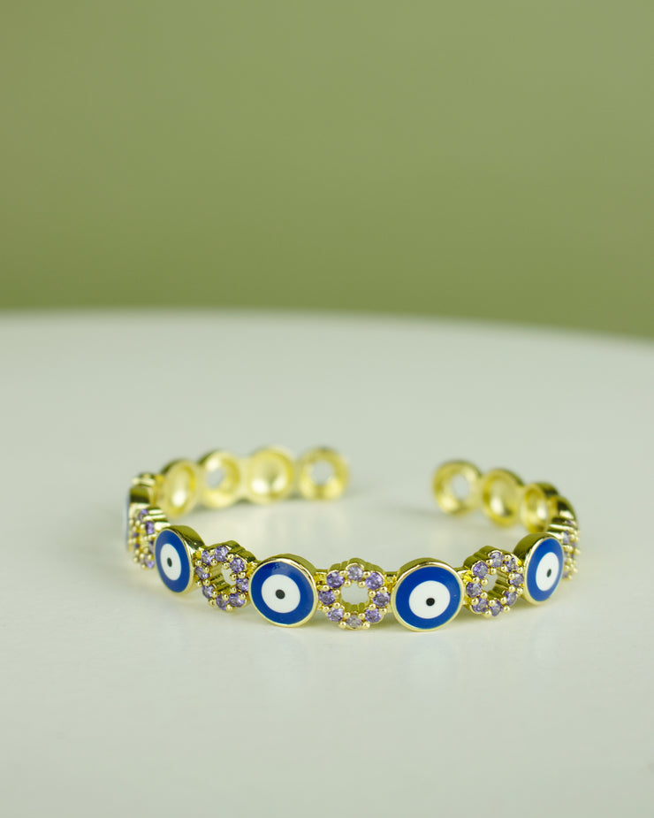 Navy Blue Evil Eye Lilac Gem Gold Cuff Bracelet