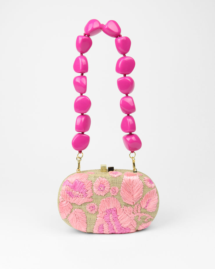 BLAIZ Serpui Olivine Embroidered Flower Pink Straw Bag