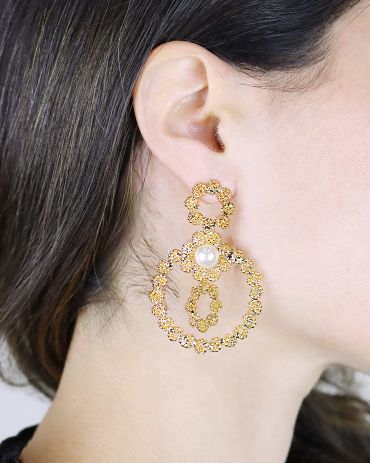 Gold Gardenia Crown Pearl Earrings