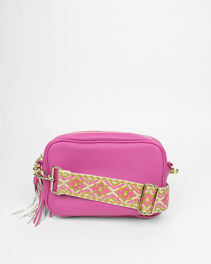 BLAIZ Hot Pink Leather Cross-Body Bag with Aztec Print Strap