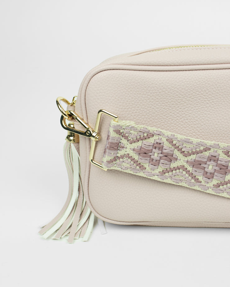 BLAIZ Light Pink Leather Cross-Body Bag with Aztec Print Strap
