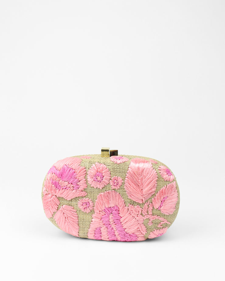 BLAIZ Serpui Olivine Embroidered Flower Pink Straw Bag