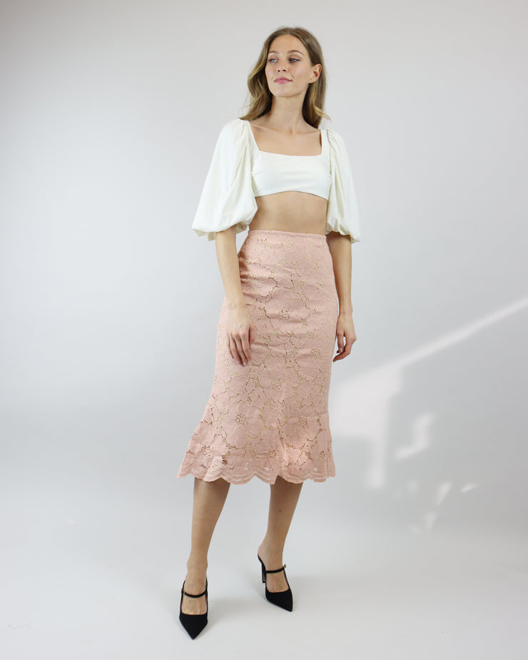 BLAIZ | Miss Mano Peach Pink Lace Midi Skirt
