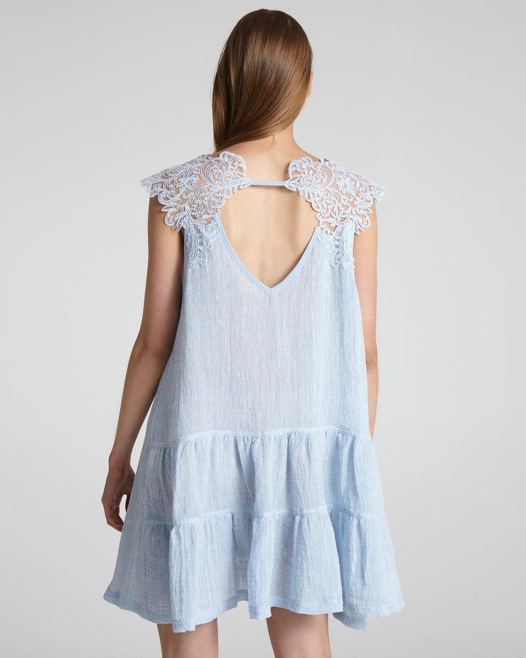Blaiz Maurizio Mykonos Sky Blue Lace Shoulder Straps Diamond Shape Open Back Mini Dress
